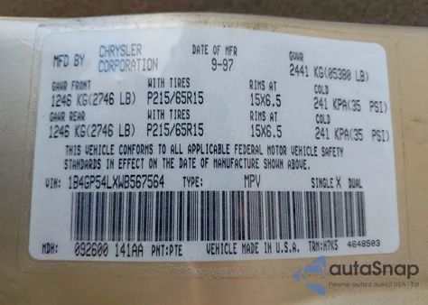 1998 Dodge Grand Caravan Es/Le z USA, uszkodzony, nr VIN 1B4GP54LXWB567564